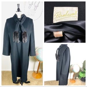 VTG 70's Black Wool Trench Coat W/ Mink Bow Tie